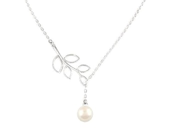 Pearl Lariat Necklace, 925 Silver Chain