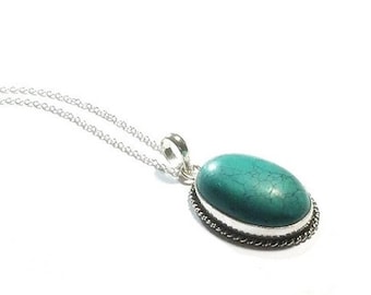 Oval Turquoise Pendant, Sterling Silver Chain