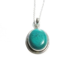 Turquoise Sterling Silver Pendant, 925 Silver Chain