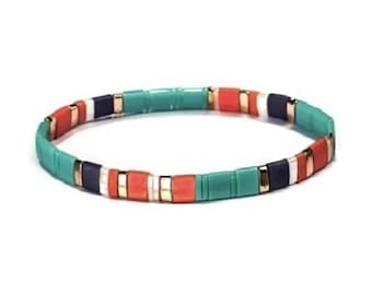 Colorful Tila Tile Bracelet, Turquoise Glass Tile Bracelet, Stretch Bracelet