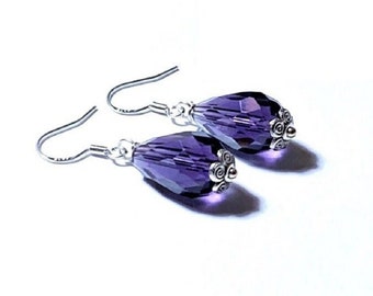 Amethyst Crystal Earrings, 925 Silver Ear Wires