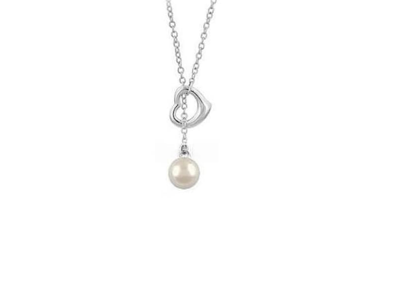 Sterling Silver Pearl Lariat Heart Pendant Necklace