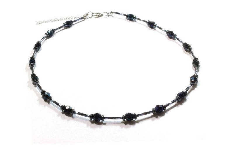 Metallic Black Faceted Crystal /& Hematite Beaded Necklace