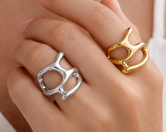 Liquid Metal Ring Set Adjustable Silver Chunky Rings Y2K Molten Irregular Open Rings Geometric Hollow Statement Jewelry Gift for Her