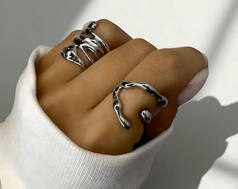 Juego de anillos de plata fundida Y2K, anillos de lava irregulares gruesos, anillos ajustables abiertos, joyería geométrica abstracta con estilo, regalo minimalista para ella