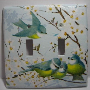 May include: A light blue double light switch cover with a floral design and three blue birds. The birds are perched on branches with white flowers.