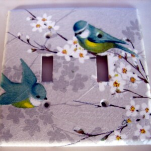 May include: A light gray double light switch cover with a floral design featuring white flowers and two blue birds. The birds are perched on branches with green leaves.
