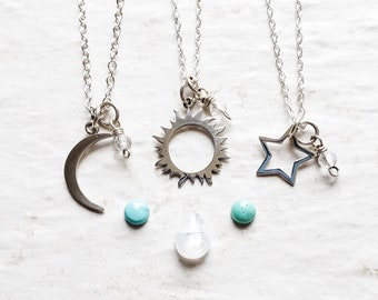 Best friend necklace for 3, best friend necklace sun and moon, bff gift, gift for best friends, sun moon stars necklaces