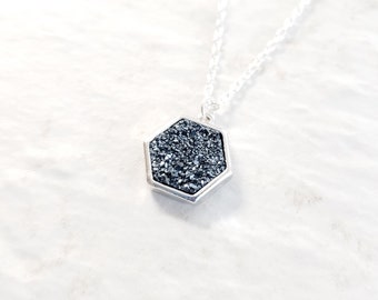 Black druzy hexagon necklace sparkly gemstone necklace black everyday necklace geometric jewelry silver necklace minimalist necklace silver