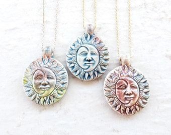 Sun and moon pendant necklace, ceramic celestial jewelry, pagan necklace, sun and moon jewelry, hippie jewelry, bohemian jewelry