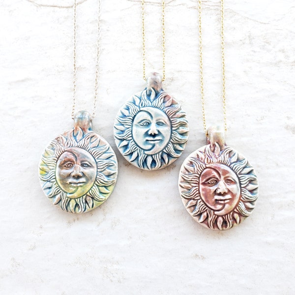 Sun and moon pendant necklace, ceramic celestial jewelry, pagan necklace, sun and moon jewelry, hippie jewelry, bohemian jewelry