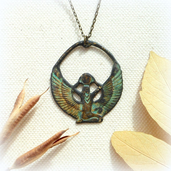 Egyptian goddess isis necklace with verdigris teal grunge pendant pagan jewelry egyptian jewelry