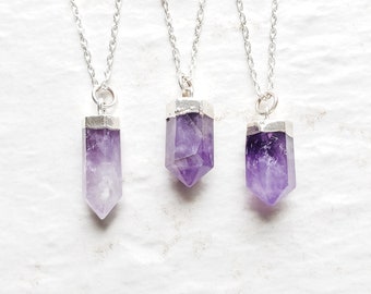 Amethyst point necklace, February birthstone necklace, purple crystal necklace, silver necklace stone, boho necklace