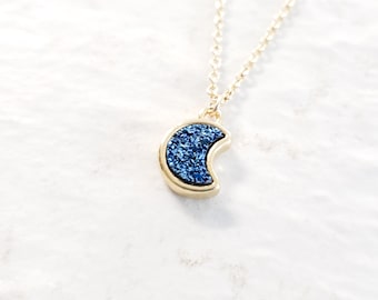 Druzy moon necklace gold moon necklace gold minimalist necklace blue druzy crescent moon necklace gold moon jewelry pagan jewelry