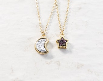 Moon and star best friend necklace set best friend gift moon necklace bff necklace crystal moon necklace celestial necklace