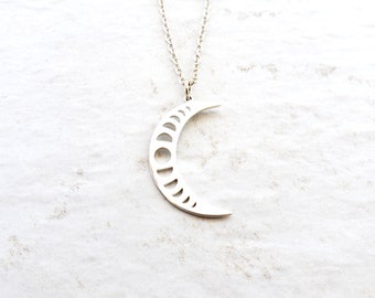 Sterling silver moon phase necklace, crescent moon pendant, pagan jewelry, celestial jewelry, moon jewelry, witch jewelry