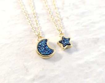Moon and star necklace set best friend gold moon necklace gold pagan necklace crystal best friend necklaces star necklace