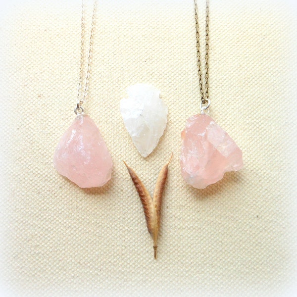 Raw rose quartz necklace raw gemstone necklace mineral specimen light pink