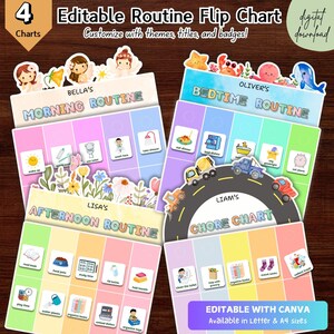 May include: Four printable routine charts for kids. The charts are colorful and feature illustrations of a girl getting ready in the morning, a boy getting ready for bed, a girl doing chores, and a boy doing chores. The charts are editable with Canva and available in Letter and A4 sizes.