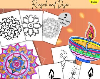 May include: A set of 21 printable coloring pages featuring Diwali Rangoli and Diya designs. The pages include intricate mandalas, floral patterns, and traditional oil lamps.  3 bonus pages are included.