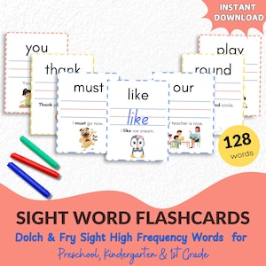 May include: A set of 128 colorful flashcards with sight words for preschool, kindergarten, and first grade. The words include "you", "thank", "must", "like", "our", "play", and "round".