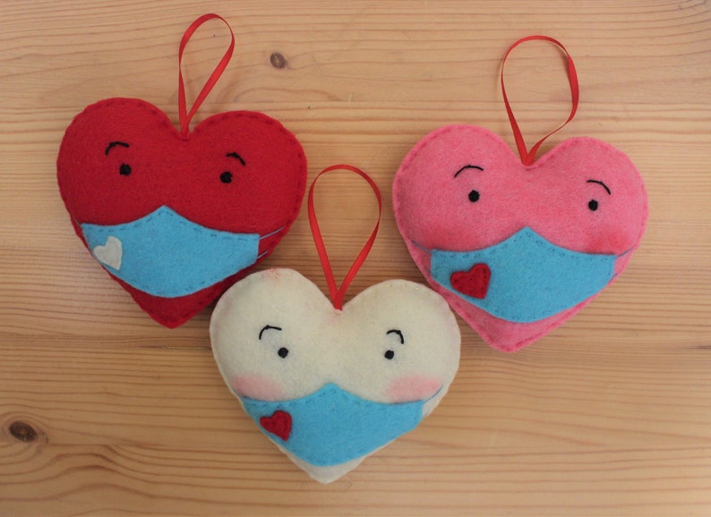 Handmade Blushing Masked Heart Covid OrnamentsDated