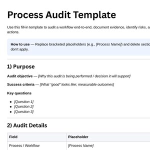 Puede incluir: Un documento de plantilla de auditoría de procesos en blanco y negro con secciones para el propósito, el objetivo de la auditoría, los criterios de éxito y las preguntas clave. Incluye una tabla de detalles con marcadores.