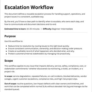 Puede incluir: Un documento titulado Escalation Workflow con texto negro sobre fondo blanco. Define un proceso para gestionar problemas de soporte y proyectos, incluyendo secciones de Purpose y Scope, con un tiempo de aprendizaje de 15-20 minutos.
