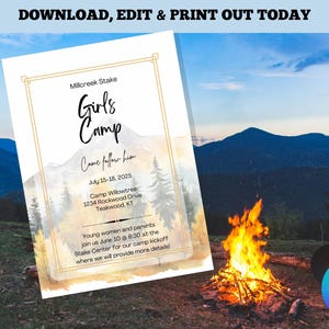 May include: A watercolor illustration of a mountain range with a golden frame and text that reads "Girls Camp Come follow him July 15-18, 2025 Camp Willowtree 1234 Rockwood Drive Teakwood, KT Young women and parents join us June 10 at 6:30 at the Stake Center for our camp kickoff where we will provide more details!"