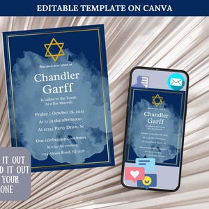 Bar Mitzvah Digital Invite, Bat Mitzvah invite, Bar Mitzvah Invitation, Bule Invite, Bar or Bat Mitzvah, Editable Template