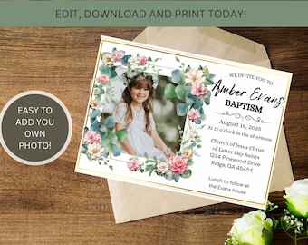 May include: A white card with a floral border and a photo of a young girl. The text on the card reads "We invite you to Amber Evans Baptism August 18, 2025 At 12 o'clock in the afternoon Church of Jesus Christ of Latter Day Saints 1234 Pinewood Drive Ridge, GA 45454 Lunch to follow at the Evans house"
