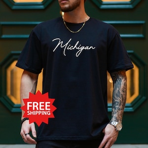 Michigan Script T-Shirt, Soft Cotton Crewneck Tee