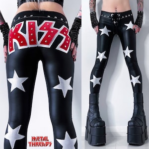 Pantalones con tachuelas personalizados de Metal Threads KISS Starchild Leggings de spandex con estrellas de cuero negro de Paul Stanley Ropa de disfraz de rock de los años 70
