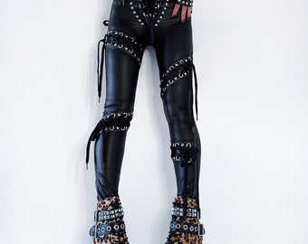 Metal Threads Rock N Roll Outlaw Custom Lace up Pants Black Studded Faux  Leather Look Spandex Leggings 80s Rose Tattoo 