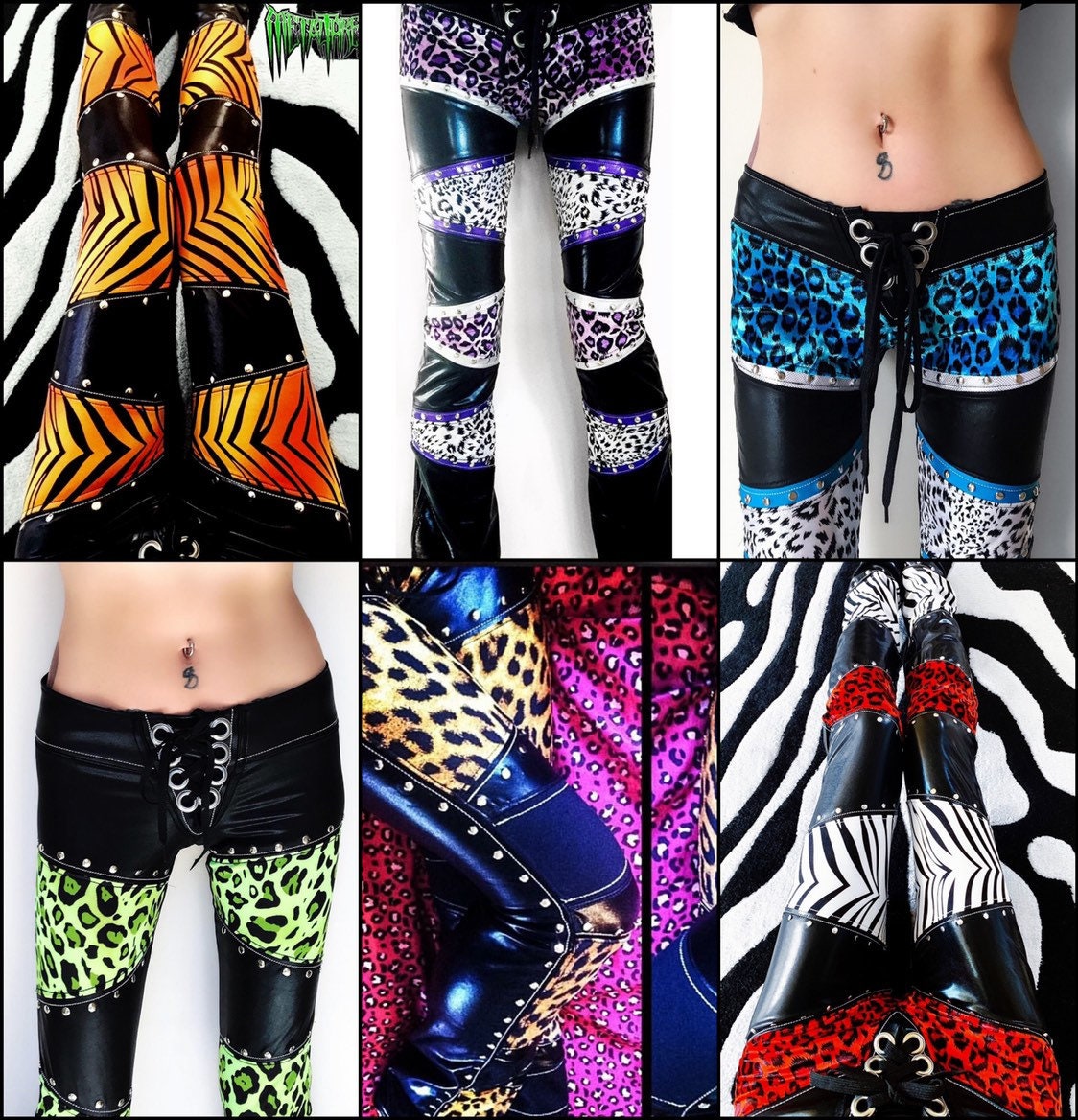 Metal Threads Wild Side Custom Made to Order Black Leopard Zebra Print Lace  up Pants Studded Leggings Spandex Glam Rock 80's 70's 