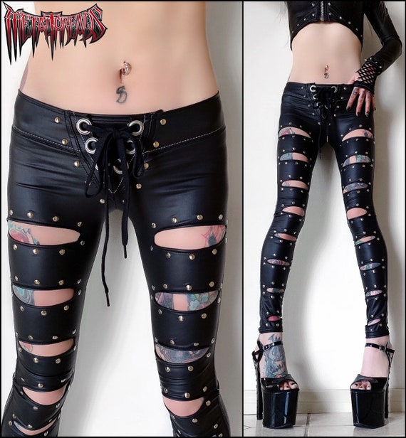 Metal Threads Sheena is a Punk Rocker Custom Made to Order Studded Pants  Black Faux Leather Spandex Lace up Leggings Glam Rock 80s -  Denmark