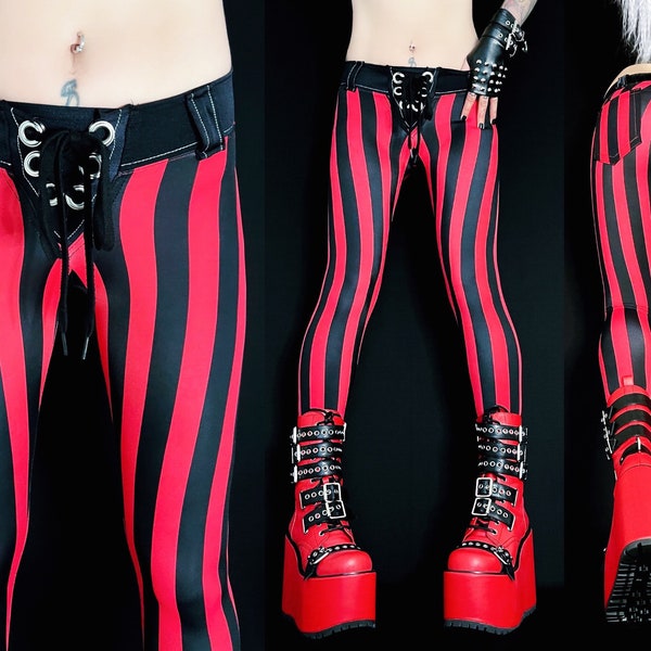 Metal Threads Space Rock custom made to order pants red and black striped lace up leggings spandex glam rock punk 80's 70’s