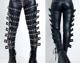 Metal Threads Buckle Up Pants - unisex faux leather spandex zip trousers - eyelet strap studded goth punk rock Marilyn Manson leggings