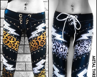 Metal Threads Thunder Kitty pants custom made to order Black leopard print lace up studded leggings cheetah spandex glam rock lightning bolt
