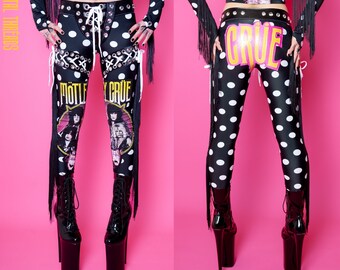 Metal Threads Motley Crue Theatre of Pain Pants one of a kind Nikki Sixx black polka dot fringe leggings