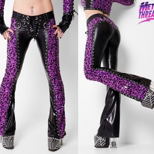 Metal Threads Look What The Cat Dragged In pants one of a kind size S purple leopard sequin lace up studded black flares glam rock 80s