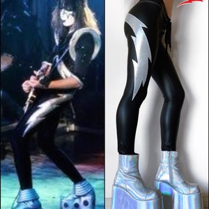 Metal Threads Shock Me custom pants Ace Frehley black silver lightning bolt faux leather spandex made to order 70s rock Kiss costume