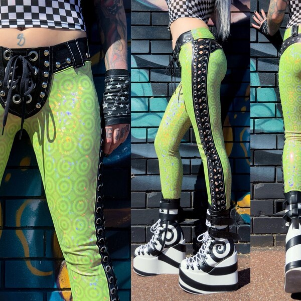 Metal Threads Psychoholic pants one of a kind green boa circle print hologram spandex studded lace up leggings glam rock