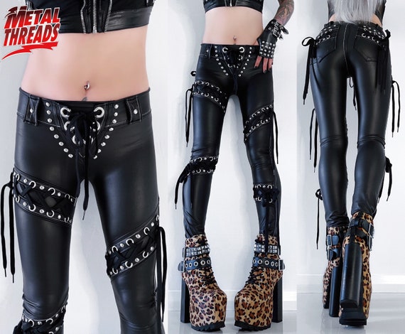 Metal Threads Rock N Roll Outlaw Custom Lace up Pants Black Studded Faux  Leather Look Spandex Leggings 80s Rose Tattoo -  Canada