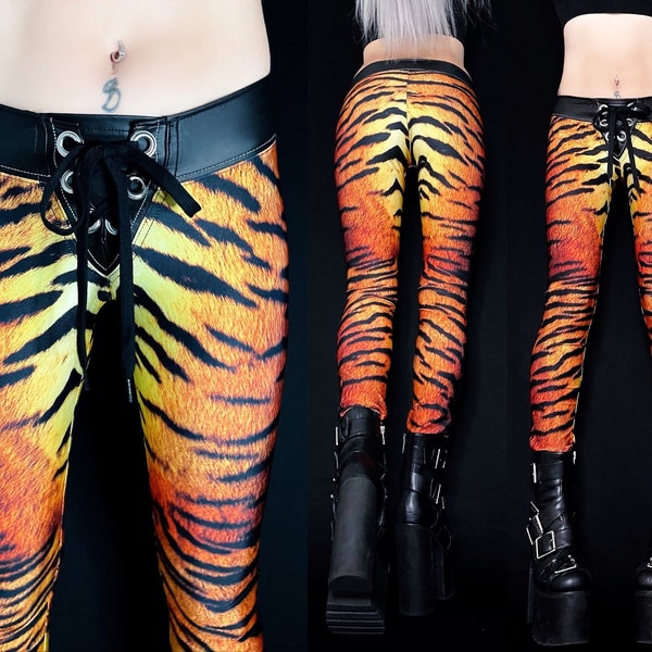 Metal Threads benutzerdefinierte Thrills in the Night Hose auf Bestellung Tiger Print Schnür Leggings Regenbogen Elasthan Glam Rock