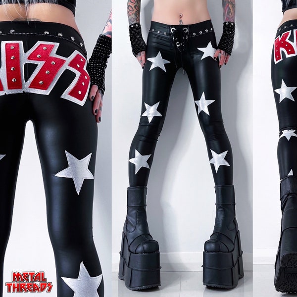 Metal Threads KISS Starchild custom studded pants Paul Stanley black leather star spandex made to order leggings 70s rock costume clothing