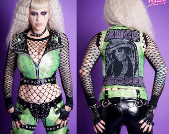Gilet Alice Cooper Metal Threads - pezzo unico con borchie e zip, top da motociclista verde effetto pelle di serpente, giacca in PVC nera, stile glam rock goth
