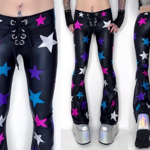 Metal Threads Holen Sie sich es auf Custom Star Pants auf Bestellung gefertigt schwarze Kunstleder Spandex Hologramm Flares