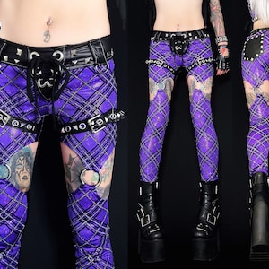 Metal Threads Pretty Vacant studded suspender pants one of a kind purple tartan plaid punk leggings black lace up leather buckle spandex