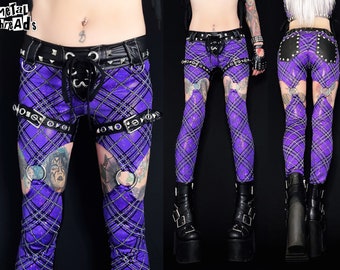 Metal Threads Pretty Vacant bezaaid jarretel broek een van een soort paarse tartan geruite punk legging zwarte veter lederen gesp spandex